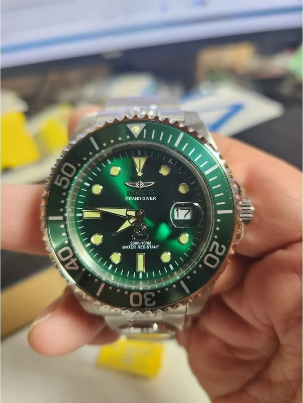 Invicta Pro Diver Date Automatic Dual-Time Green Dial Men's Watch, 47mm (45811)